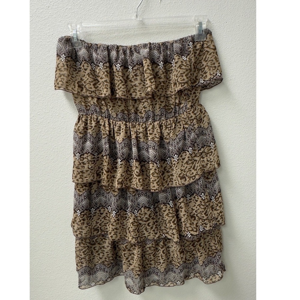 Windsor Strapless Tiered Mini Dress M Brown Leopard Print Boho Chic Y2k Club